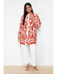 Red Floral Patterned Kimono & Kaftan with Binding Detail Pocket