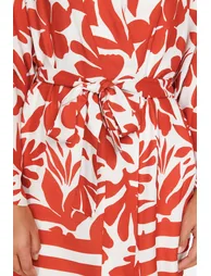 Red Floral Patterned Kimono & Kaftan with Binding Detail Pocket - 4