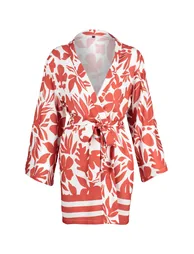Red Floral Patterned Kimono & Kaftan with Binding Detail Pocket - 7