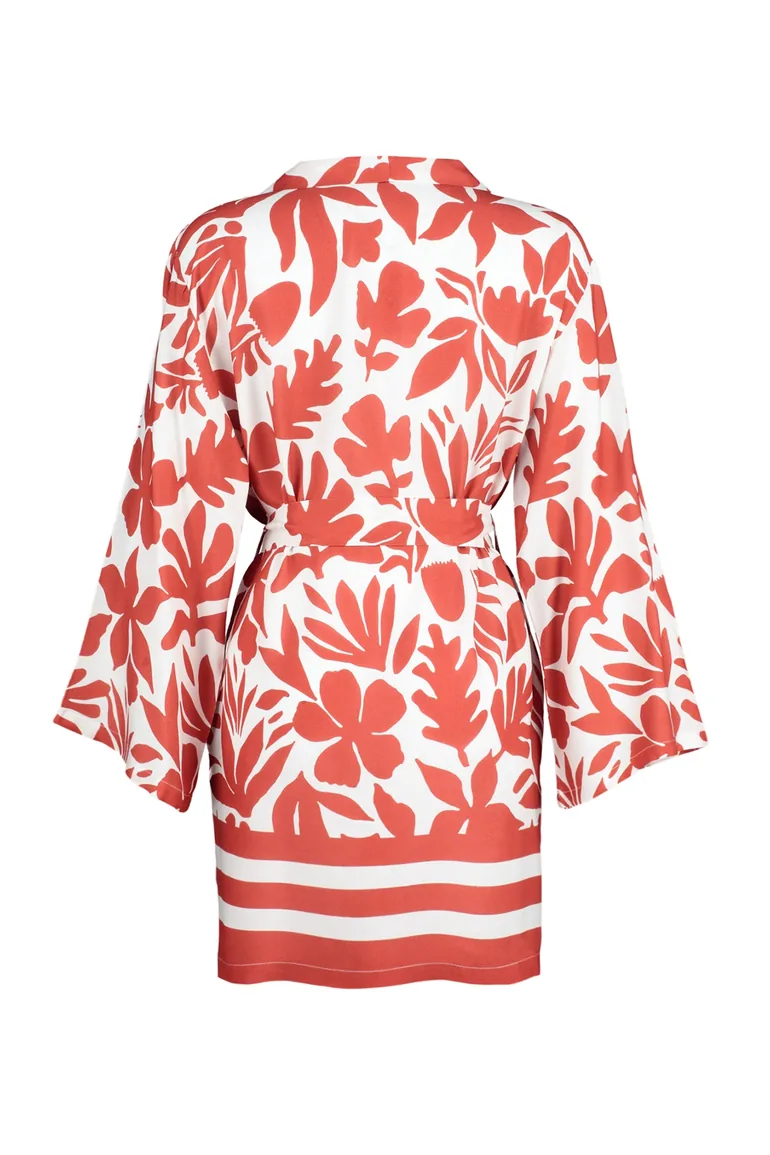 Red Floral Patterned Kimono & Kaftan with Binding Detail Pocket - 6