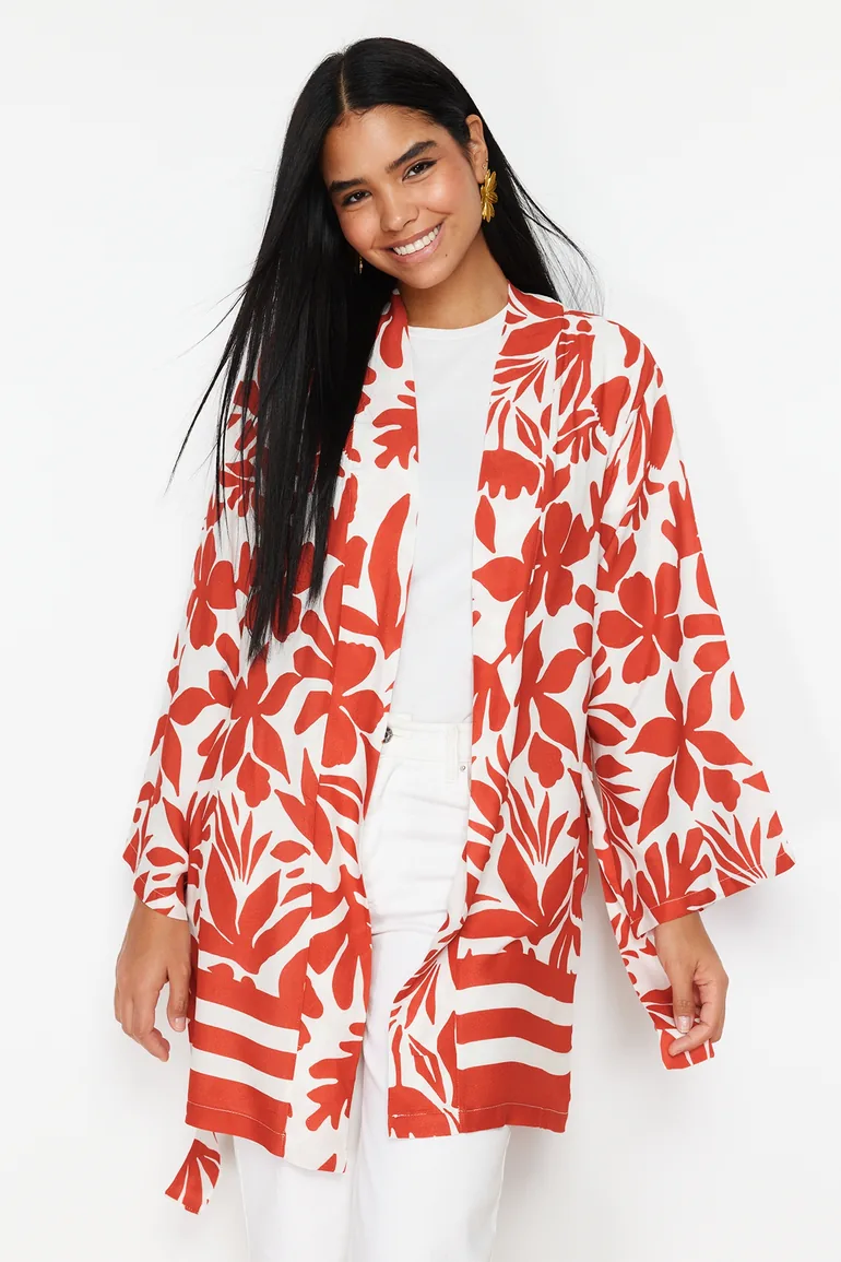 Red Floral Patterned Kimono & Kaftan with Binding Detail Pocket - 1