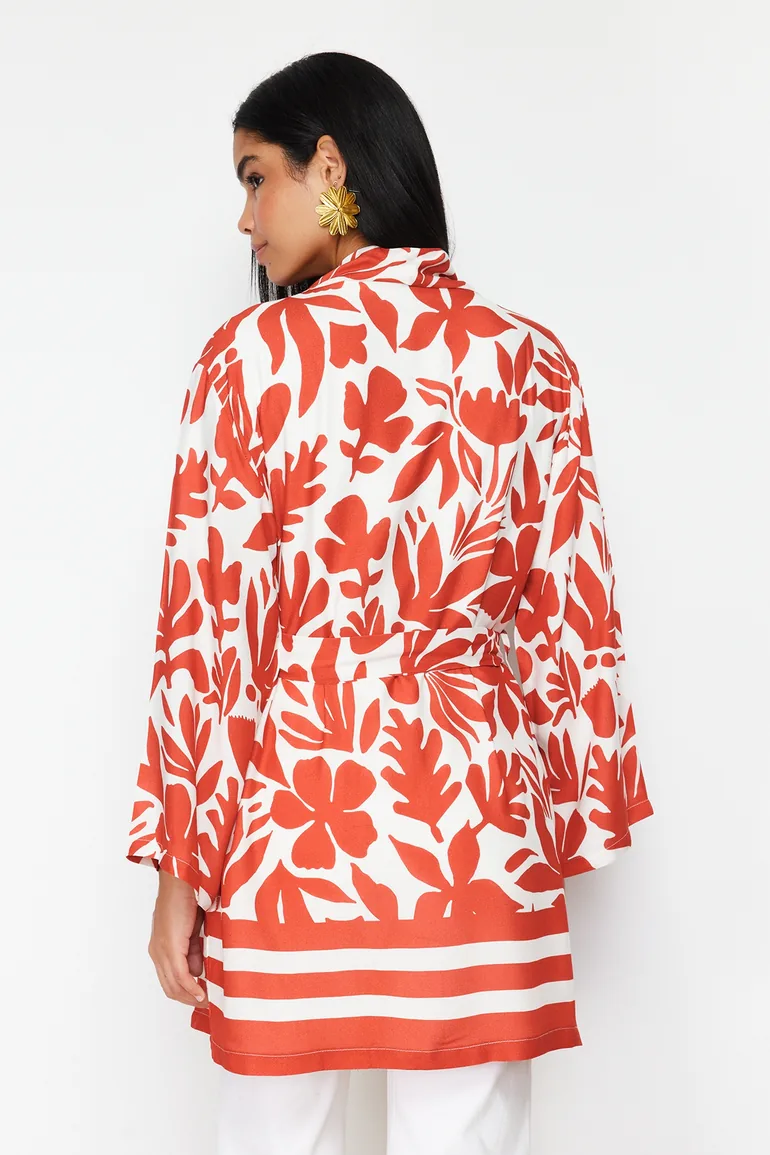 Red Floral Patterned Kimono & Kaftan with Binding Detail Pocket - 5