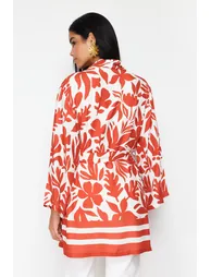 Red Floral Patterned Kimono & Kaftan with Binding Detail Pocket - 5