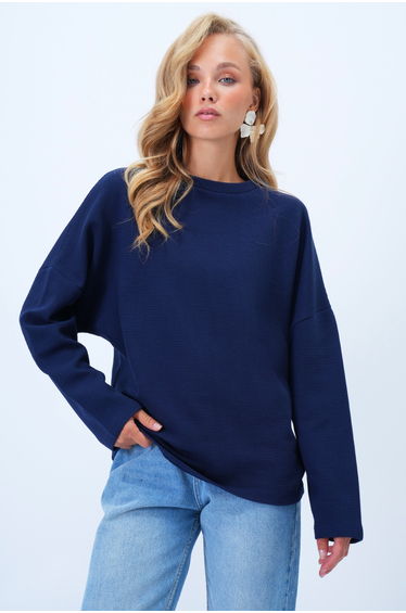Women's Midnight Blue Crew Neck Batwing Sleeve Wide Cut Basic Blouse