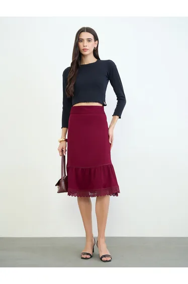 Burgundy A-Line Midi Skirt with Lace Detail