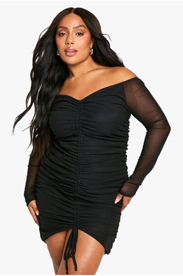 plus mesh Ruched bardot mini