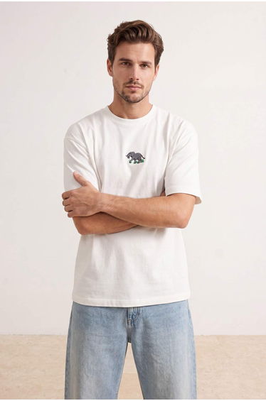 Ecru Oversize/Wide Fit Elephant Embroidery 100% Cotton T-Shirt