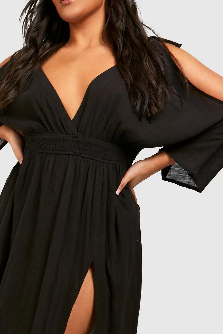 Plus Cheesecloth Cold Shoulder Maxi Beach Dress - black - 3
