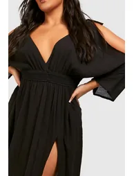 Plus Cheesecloth Cold Shoulder Maxi Beach Dress - black - 3