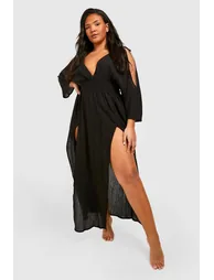 Plus Cheesecloth Cold Shoulder Maxi Beach Dress - black - 2
