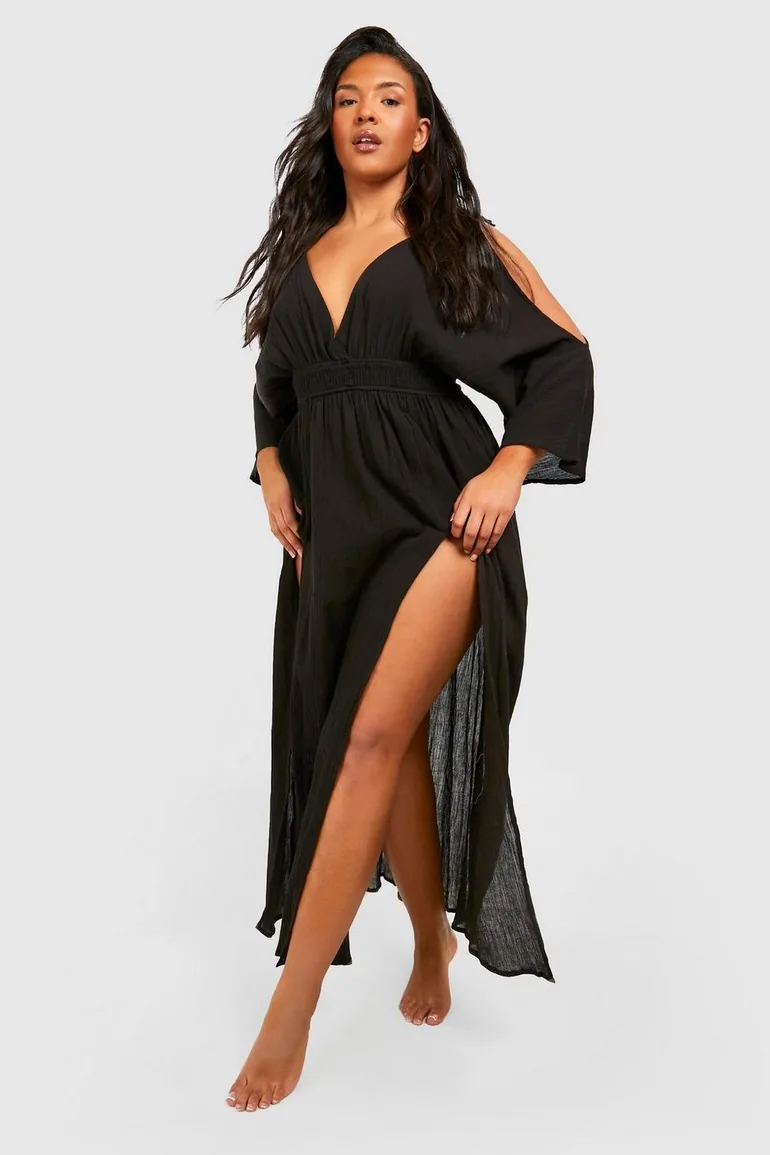 Plus Cheesecloth Cold Shoulder Maxi Beach Dress - black