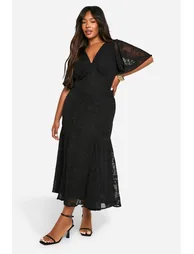Plus Jacquard Floral Angel Sleeve Midaxi Dress - black
