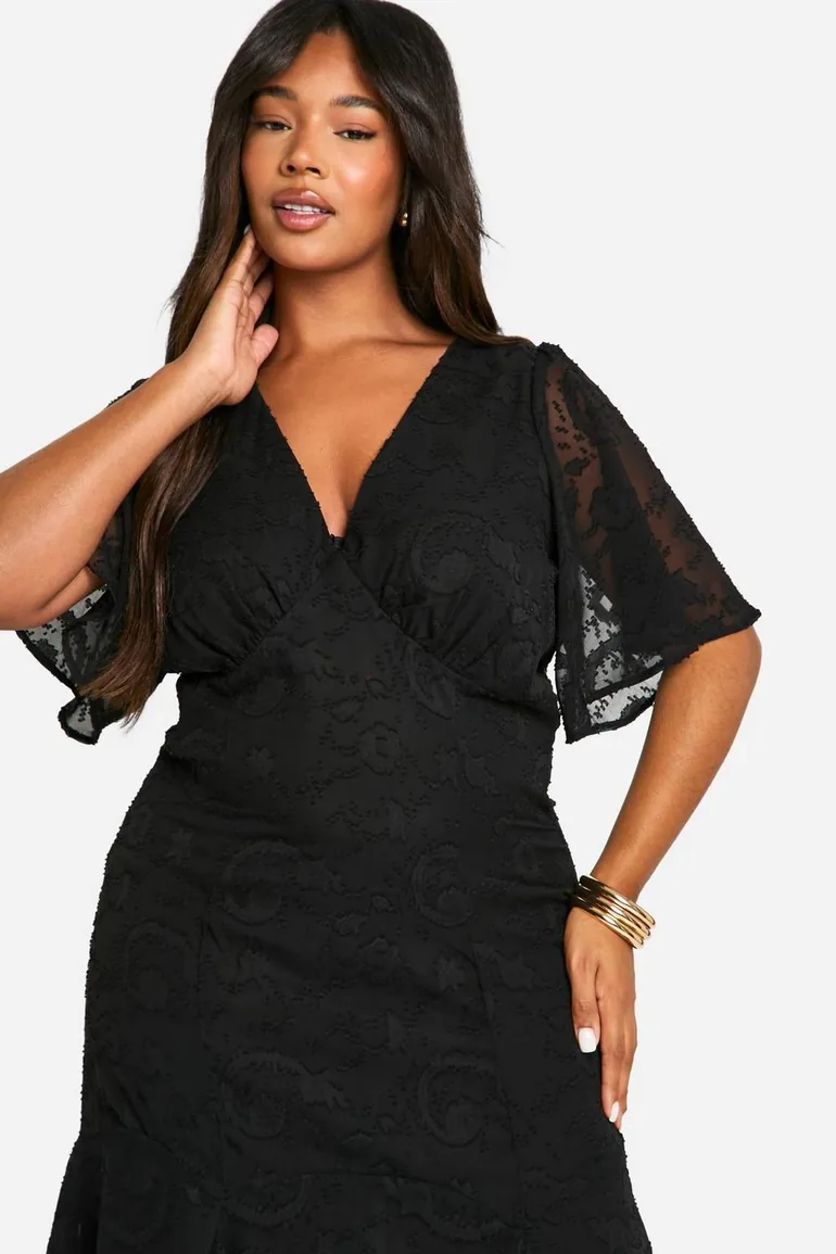 Plus Jacquard Floral Angel Sleeve Midaxi Dress - black - 3