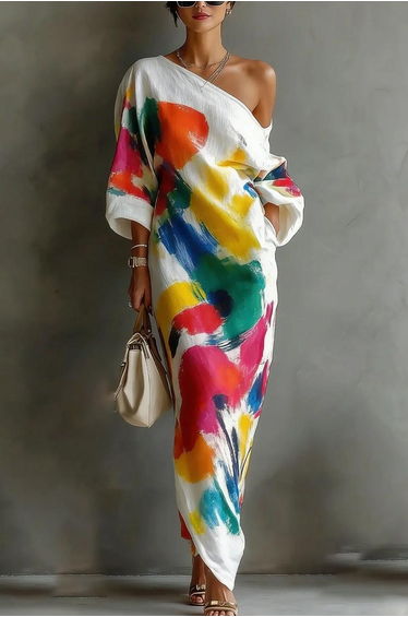 Long Sleeves Loose Asymmetric Contrast Color Pockets Printed One-Shoulder Maxi Dresses