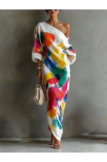 Long Sleeves Loose Asymmetric Contrast Color Pockets Printed One-Shoulder Maxi Dresses