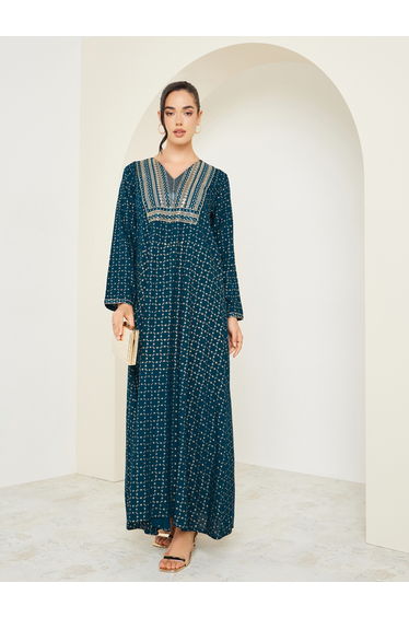 Women Navy Blue Embroidered Jalabiya