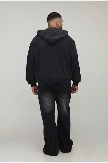 Plus Oversized Boxy Spray Wash Zip Through Hoodie - black
