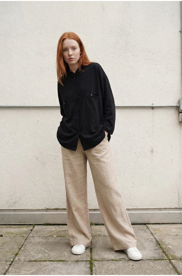 MY FASHION Oversized Linen-Blend Long Sleeve Shirt