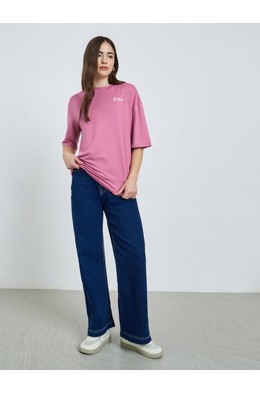 Pink Embroidered Slogan Oversized T-Shirt