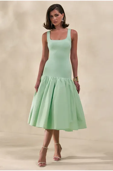Nanette | Mint Square-Neck Midi Dress With Voluminous Skirt