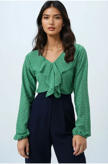 Women's Green V-Neck Ruffle Front Blouse