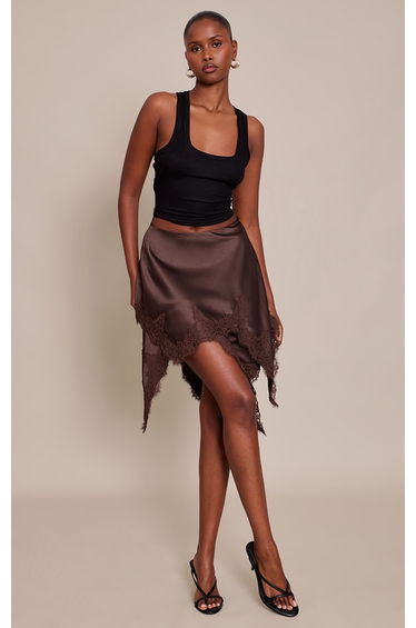 Chocolate Satin Lace Asymmetric Hanky Hem Skirt