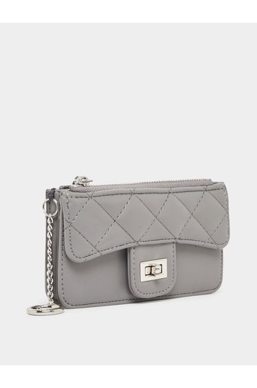 Grey Quilted Wallet with Chain Strap