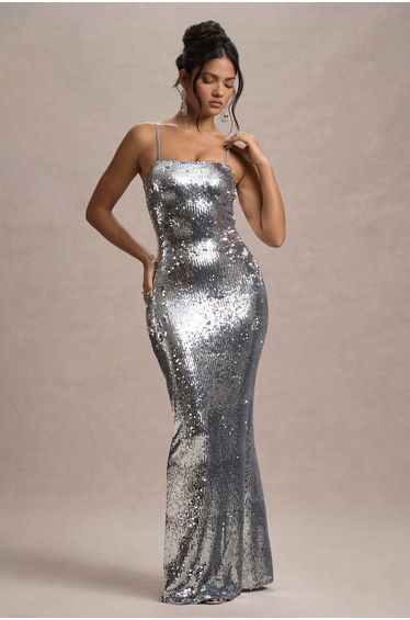 Flashback | Silver Sequin Strappy Maxi Dress