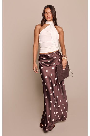 Brown Polka Dot Satin Floaty Maxi Skirt