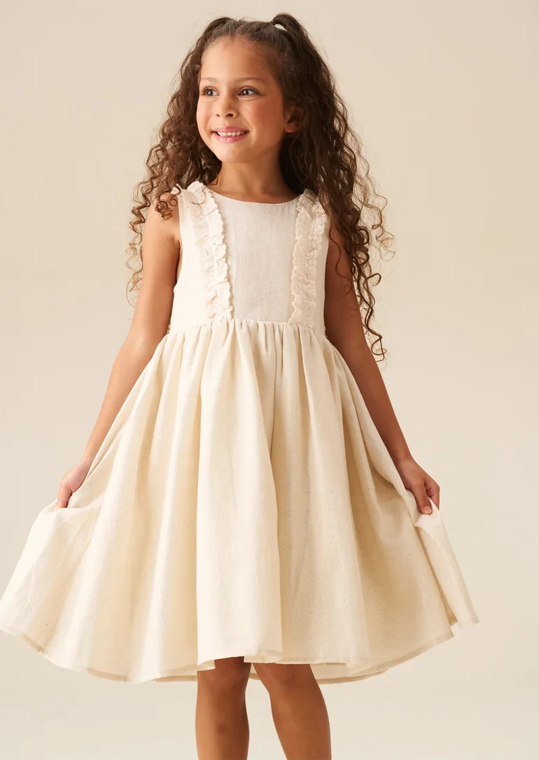 Ava Metallic Shimmer Linen Lace Trim Dress - 3