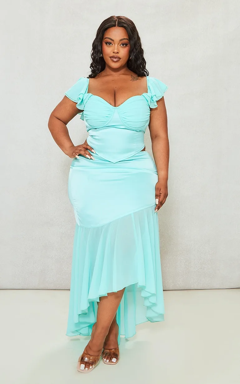 Plus Turquoise Satin Chiffon Hem Midi Skirt