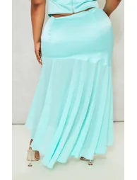 Plus Turquoise Satin Chiffon Hem Midi Skirt - 2