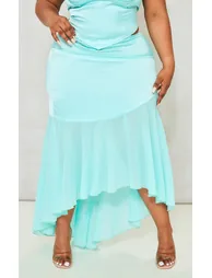 Plus Turquoise Satin Chiffon Hem Midi Skirt - 1