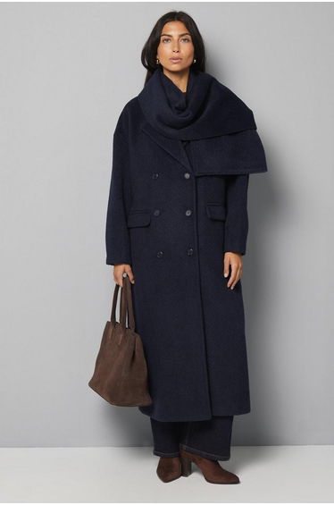 Double Breasted Twill Scarf Detail Coat
