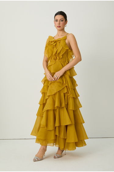 Celebration Time Mustard Yellow Spaghetti Strap Tiered Ruffle Maxi Dress