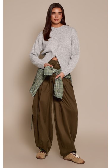 Light Grey Cinched Waist Zip Hem Knitted Jumper