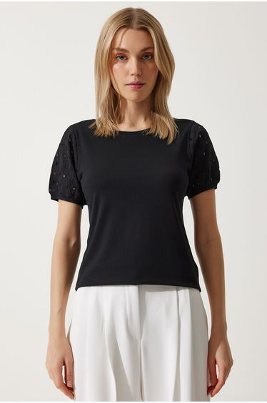 Women's Black Guipure Sleeve Cotton Basic Knitted T-Shirt