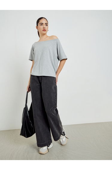 Grey Off Shoulder Oversized T-Shirt