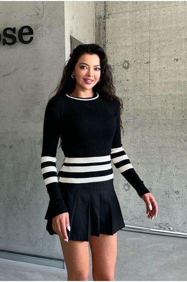 Women's Black Thick Striped Crew Neck Knitwear Sweater