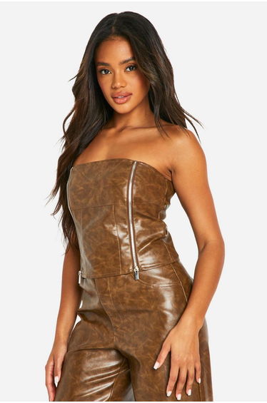 Washed Faux Leather Zip Detail Corset