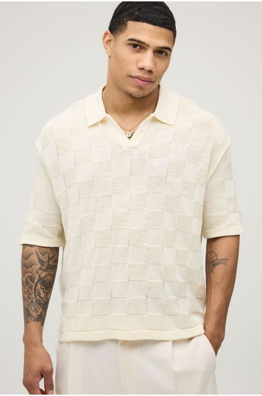 Oversized Boxy Checker Board Knitted Polo - ecru