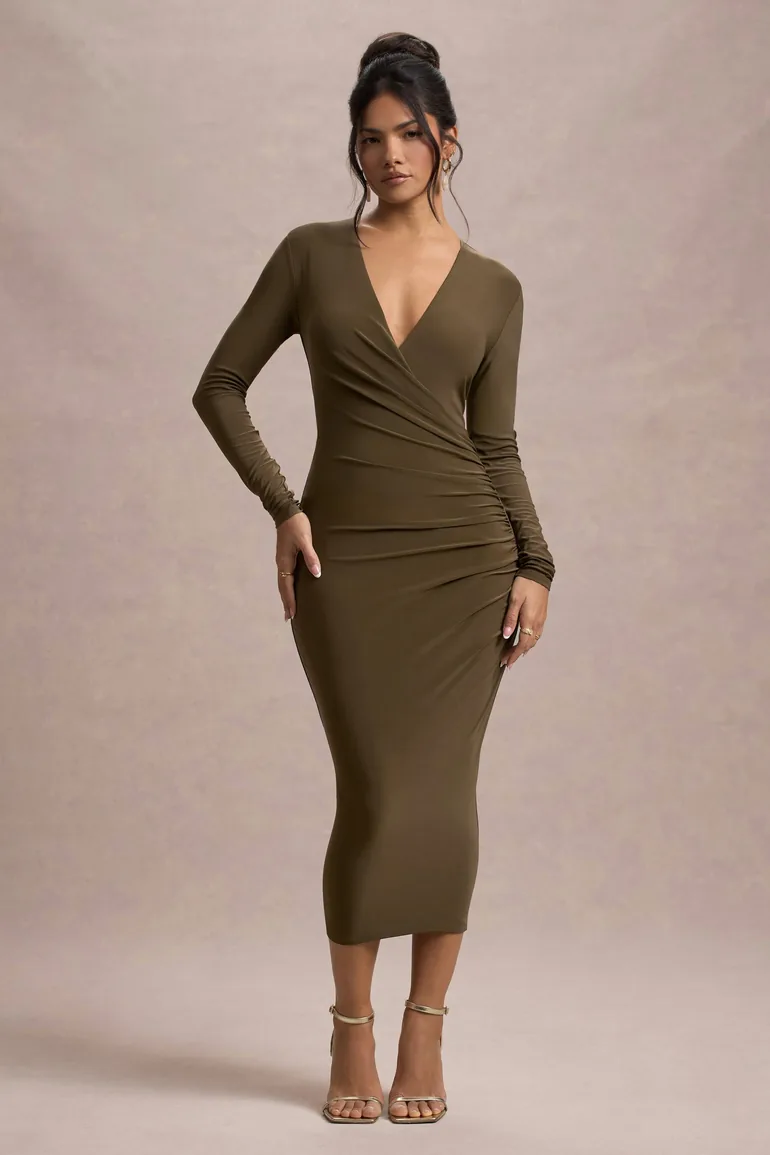 long sleeve midi dress ruched Crimson Silk Satin Long-Sleeve Ruched Midi Dress 12