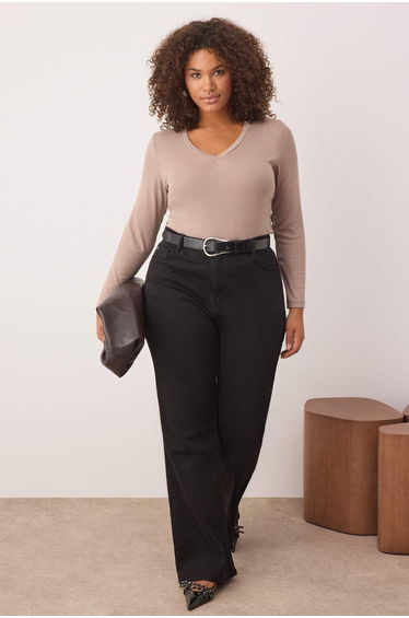 Mink Premium Soft Fabric V-Neck Fitted/Fits Body Flexible Knit Plus Size Blouse