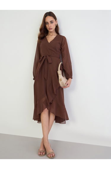 Brown Long Sleeves Wrap Midi Dress