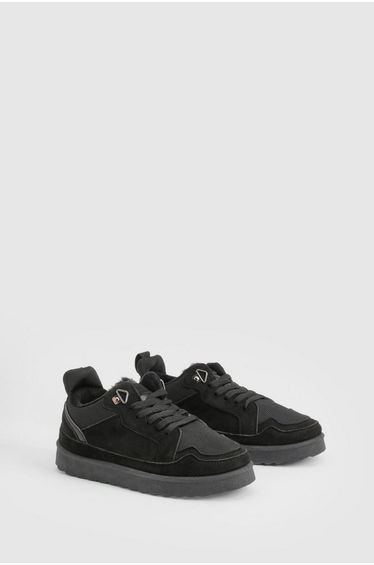 Faux Fur Lined Low Top Trainers - black