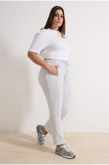 Grey Melange High Waist Stitching Detail Jogger Fit Knitted Plus Size Sweatpants