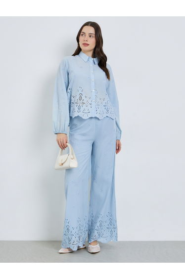 Women Blue Schiffli Wide Leg Pants