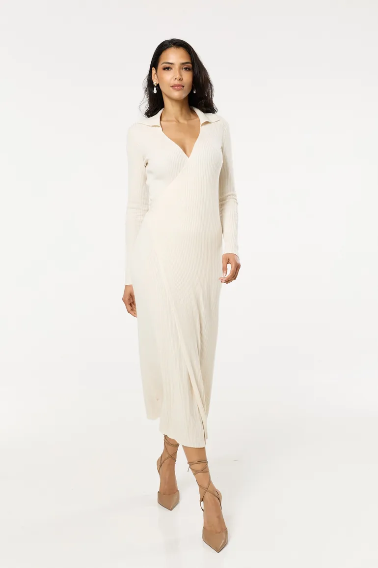 Beige Ribbed Long Sleeve Wrap Midi Dress Liquorish Cream : Day Dresses :  VogaCloset Oman