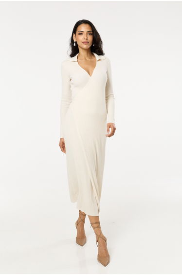 Beige Ribbed Long Sleeve Wrap Midi Dress