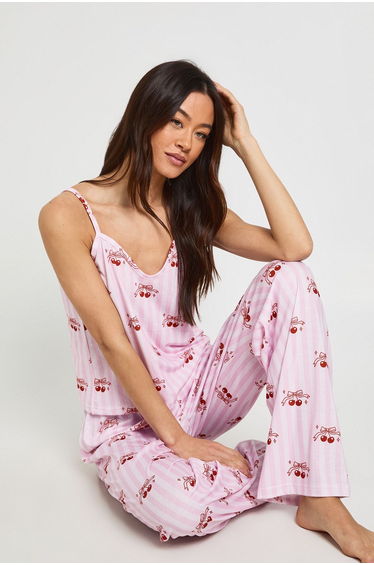 Tall Pinstripe Cherry Print Cami & Trouser Pyjama Set - pink